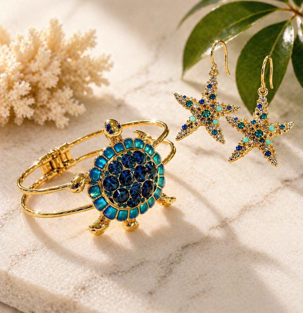 Rhinestone Turtle Bracelet Starfish Earrings Set, Gold Tone Teal Blue Crystals